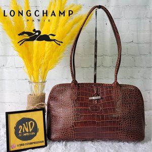 Vintage Longchamp Brown Leather Croc-Embossed Dome Shoulder Tote
